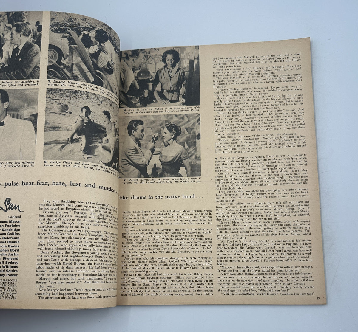 Second interior page of 'Screen Hits Magazine' 1957 presenting an article about 'Island in the Sun' with a visual highlighting the film's cast and dramatic themes.