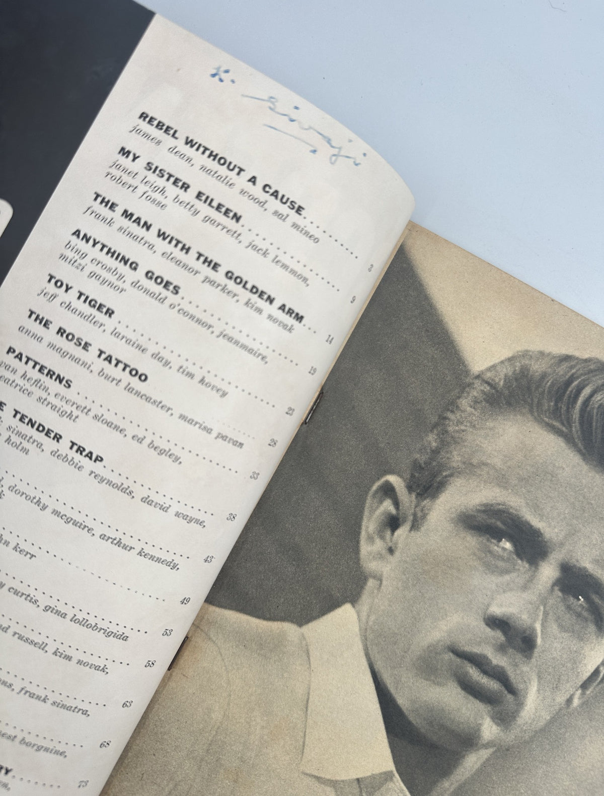 Close-up of the Table of Contents in Screen Hits Magazine 1956, highlighting features including Rebel Without a Cause, My Sister Eileen, and more classic films.
