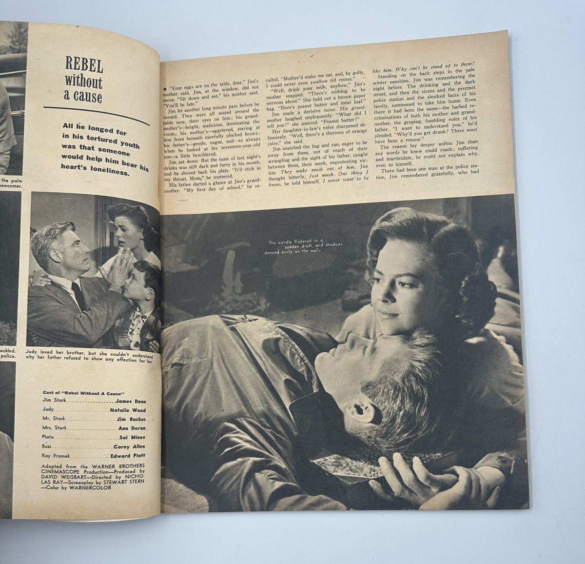 Another interior page from Screen Hits Magazine 1956 focusing on Rebel Without a Cause, depicting a dramatic scene with a male and female character.