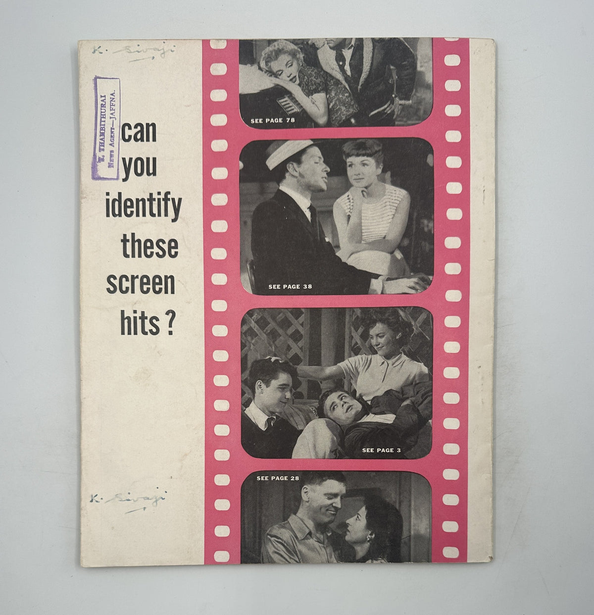 Cover of Screen Hits Magazine 1956 displaying a collage of images asking 'Can you identify these screen hits?' with references to various films including 'Rebel Without a Cause' and 'My Sister Eileen.'