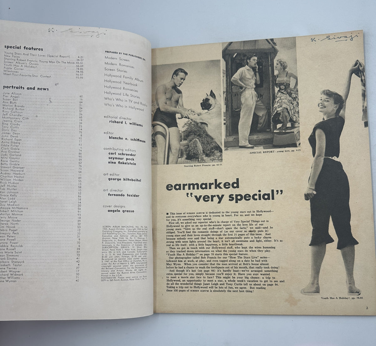 Inside page of Screen Album Magazine August 1955 showcasing an article about young stars with images from Hollywood, including a mention of a special report.