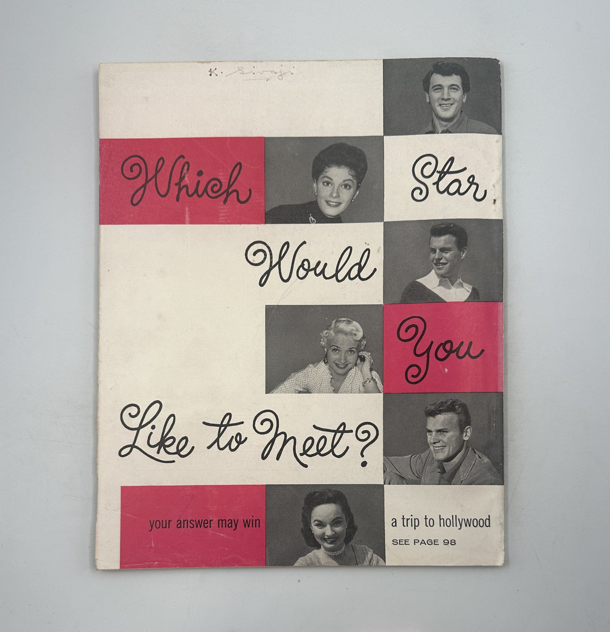 The cover of Screen Album Magazine August 1955 featuring a collage of stars with the question 'Which Star Would You Like to Meet?' indicating a fan engagement theme.