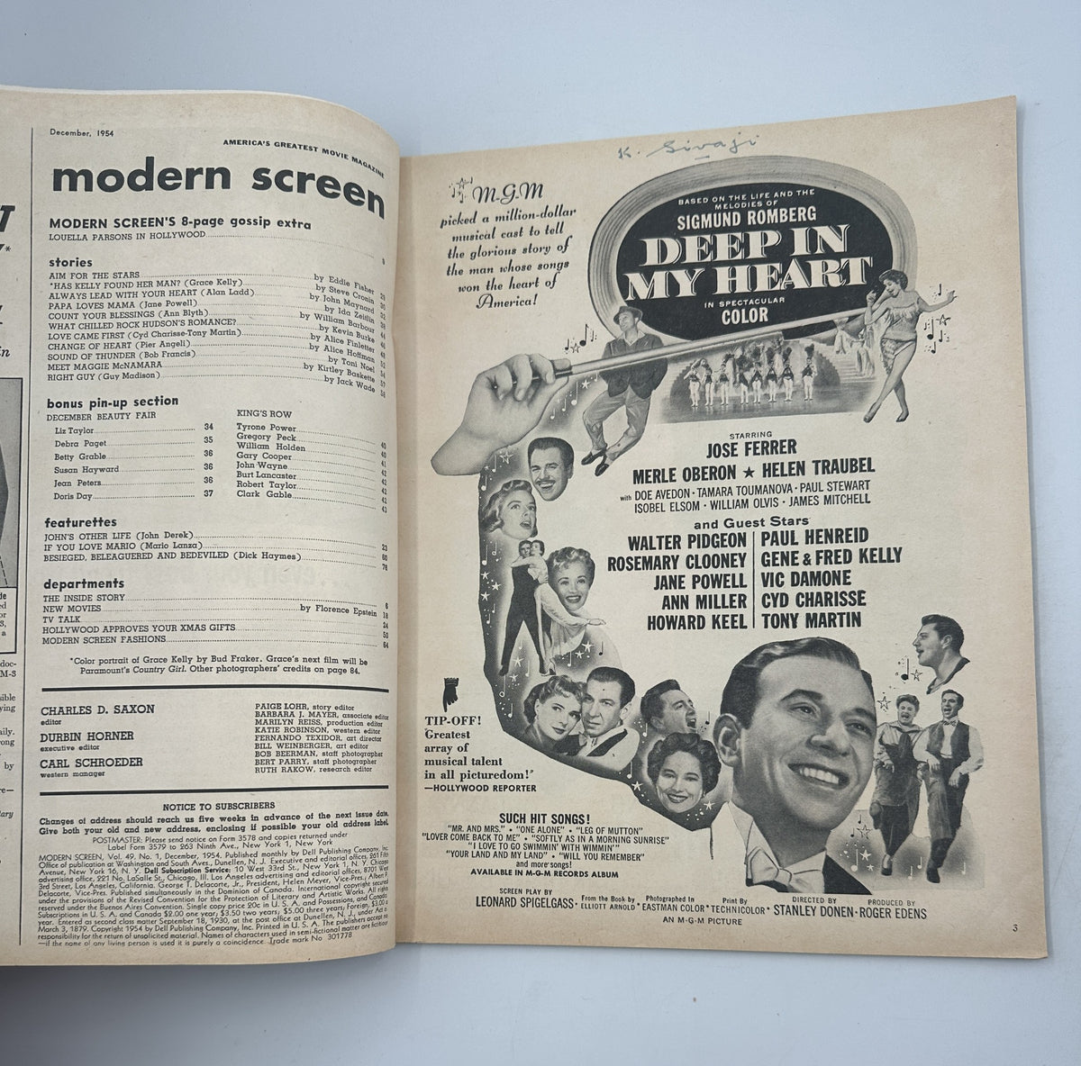 Inside view of Modern Screen Magazine December 1954 showcasing the film 'Deep in My Heart' advertisement, listing key actors and creative staff, along with a layout view of the magazine's content.