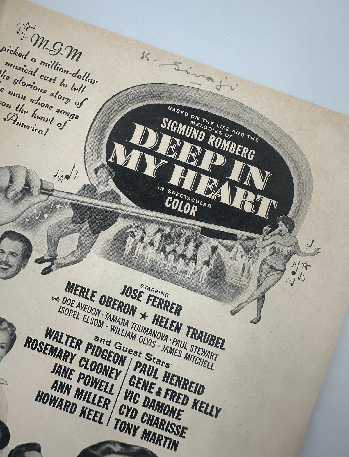 Modern Screen Magazine December 1954 features an advertisement for the film 'Deep in My Heart' starring Jose Ferrer, with images of the cast including Merle Oberon, Helen Traubel, and Paul Stewart.