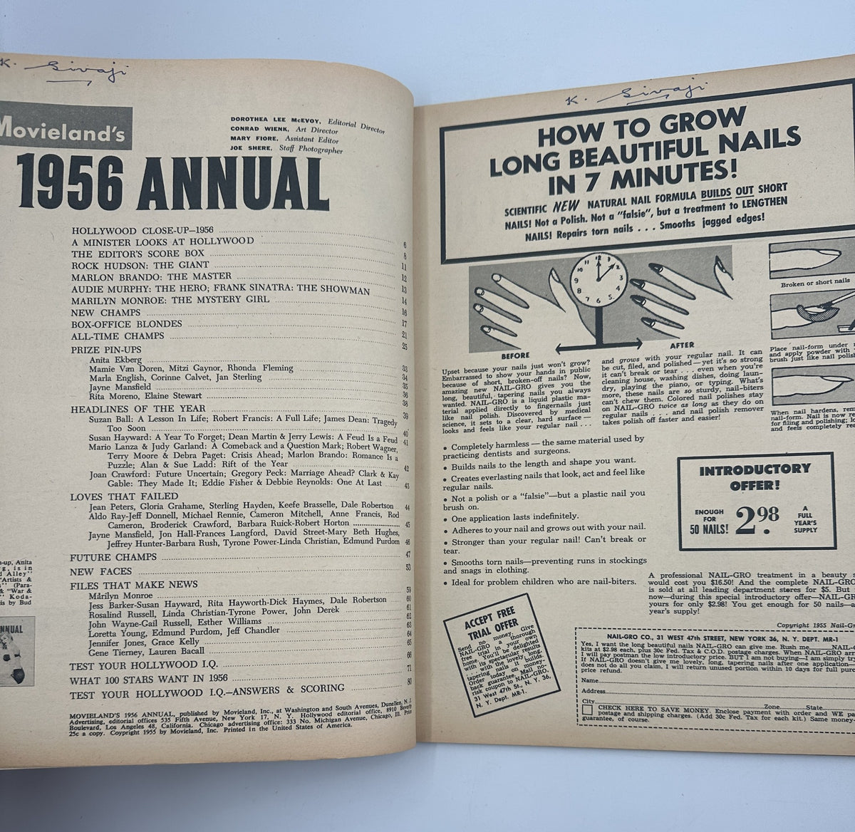 Interior page of the Movieland Magazine 1956 Annual featuring the Table of Contents and article introduction on growing beautiful nails in 7 minutes.