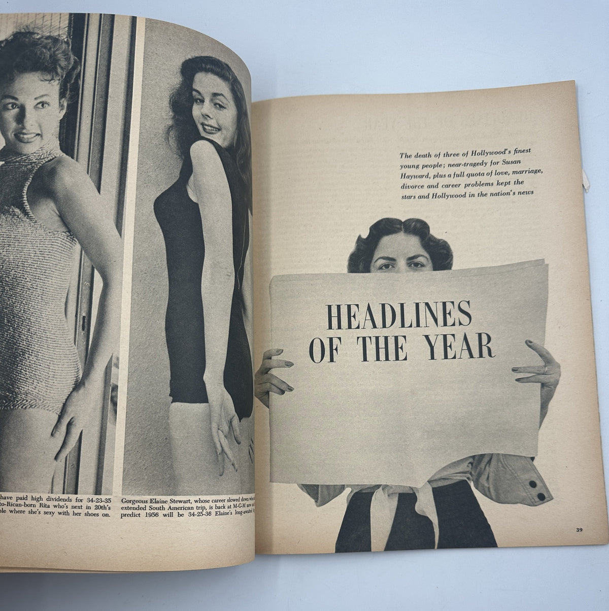 Headline article page from the Movieland Magazine 1956 Annual featuring prominent Hollywood figures and the section titled 'Headlines of the Year'.