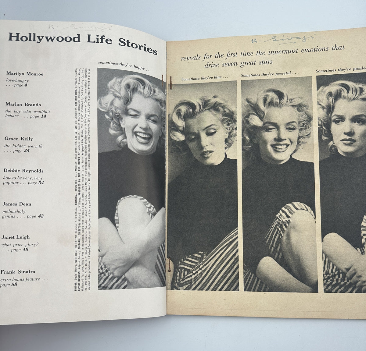 Hollywood Life Stories Magazine No.5 1955 featuring Marilyn Monroe, Marlon Brando, Grace Kelly, Debbie Reynolds, James Dean, Janet Leigh, and Frank Sinatra with an emphasis on their innermost emotions.