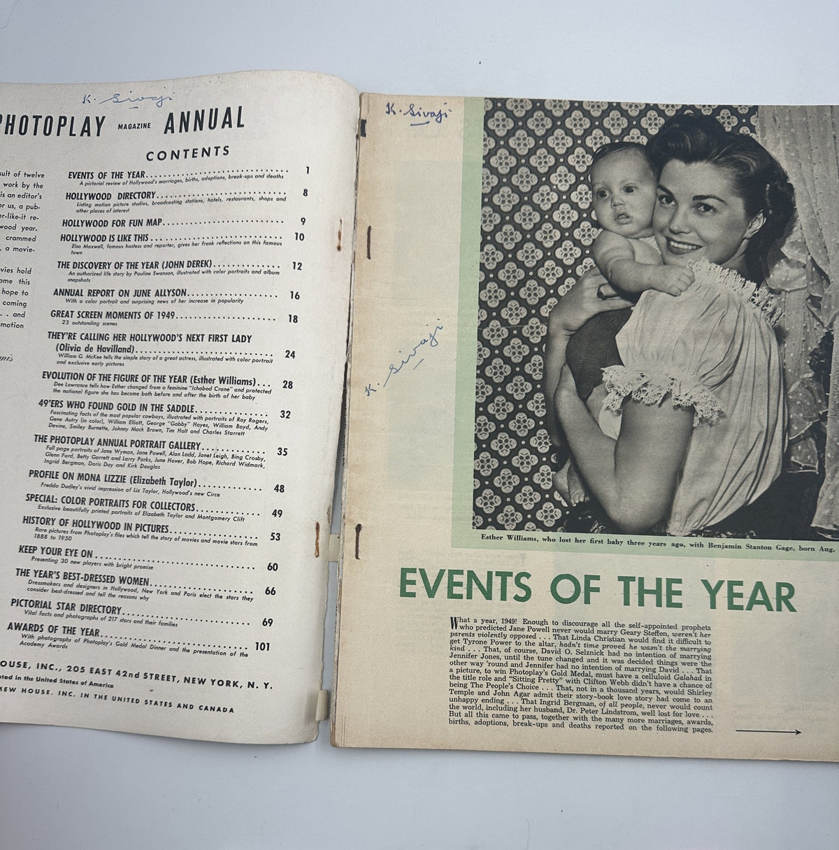 Photoplay Magazine Annual 1950 featuring the Table of Contents page, listing articles about Elizabeth Taylor, Montgomery Clift, and other Hollywood stars.