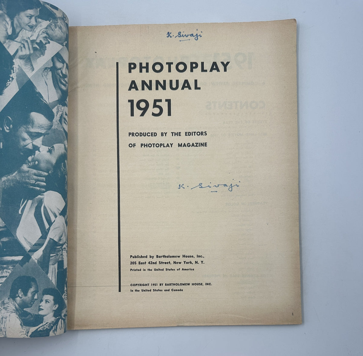 Title page of the Photoplay Magazine Annual 1951, produced by the editors of Photoplay Magazine, featuring a signature and details about the publication.