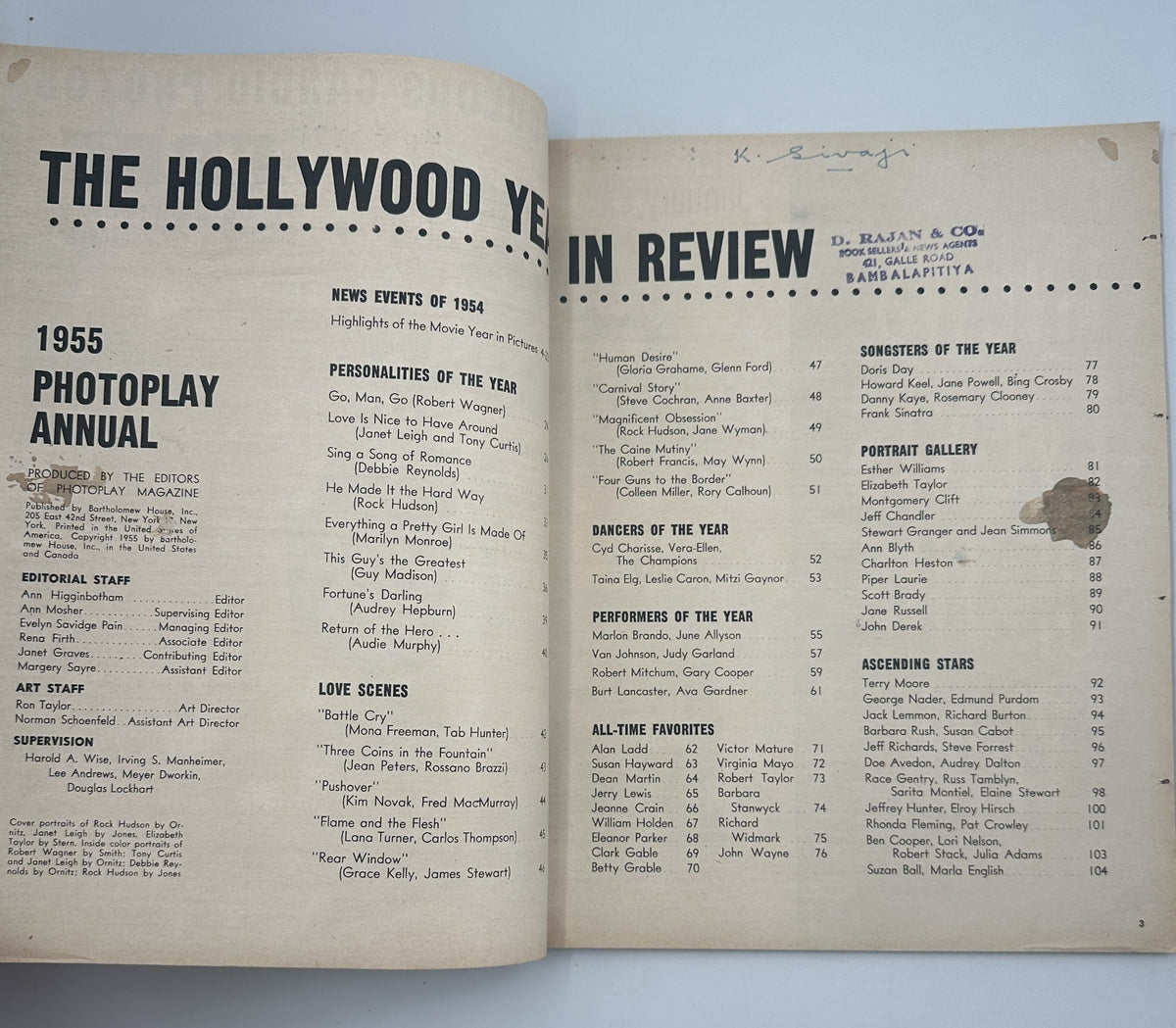 Photoplay Magazine Annual 1955 featuring the Table of Contents, listing notable movie events and personalities from 1954.