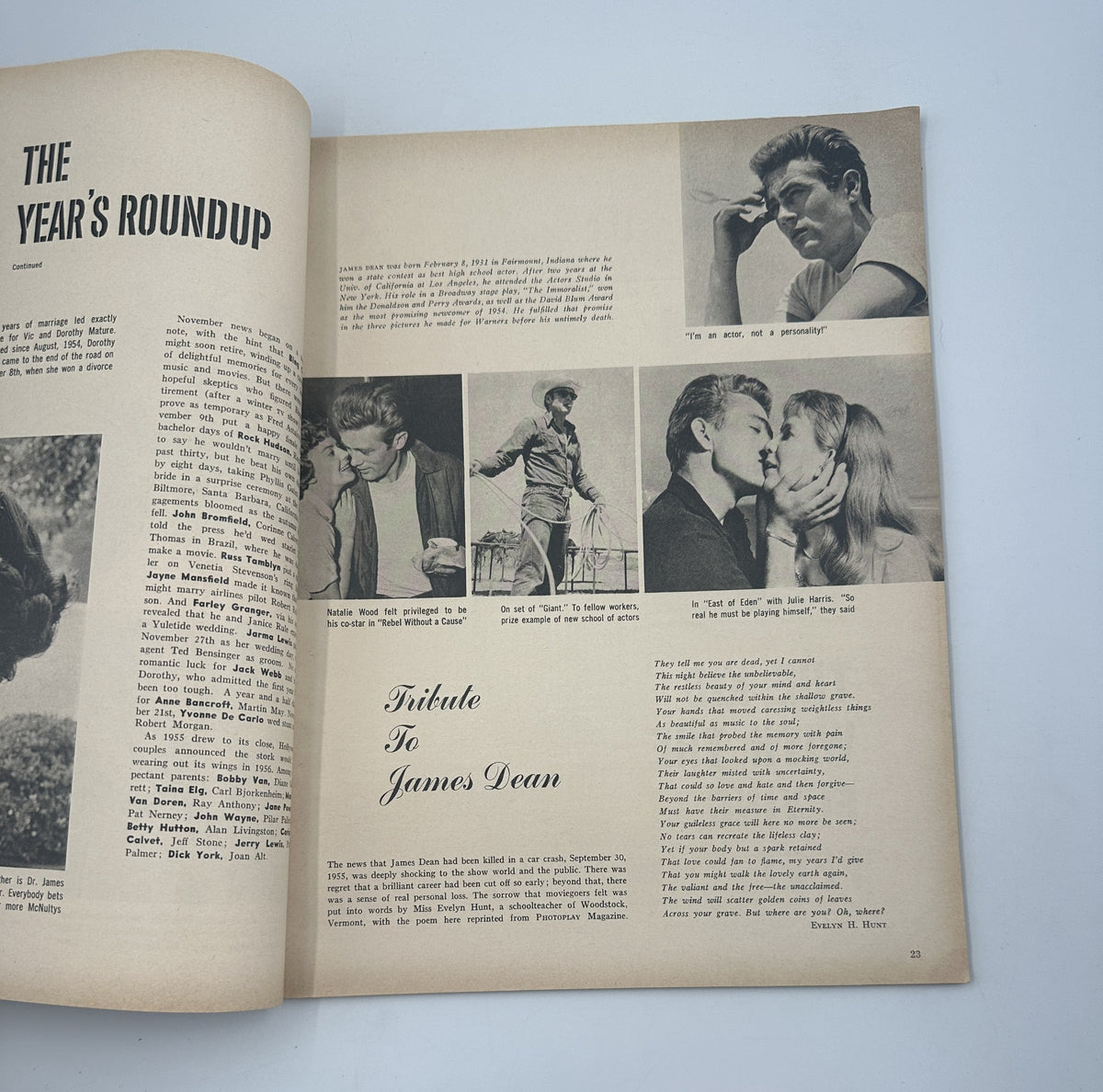 Page from the 1956 Photoplay Annual Magazine featuring an article titled 'The Year's Roundup' with images and text about significant Hollywood events and figures.