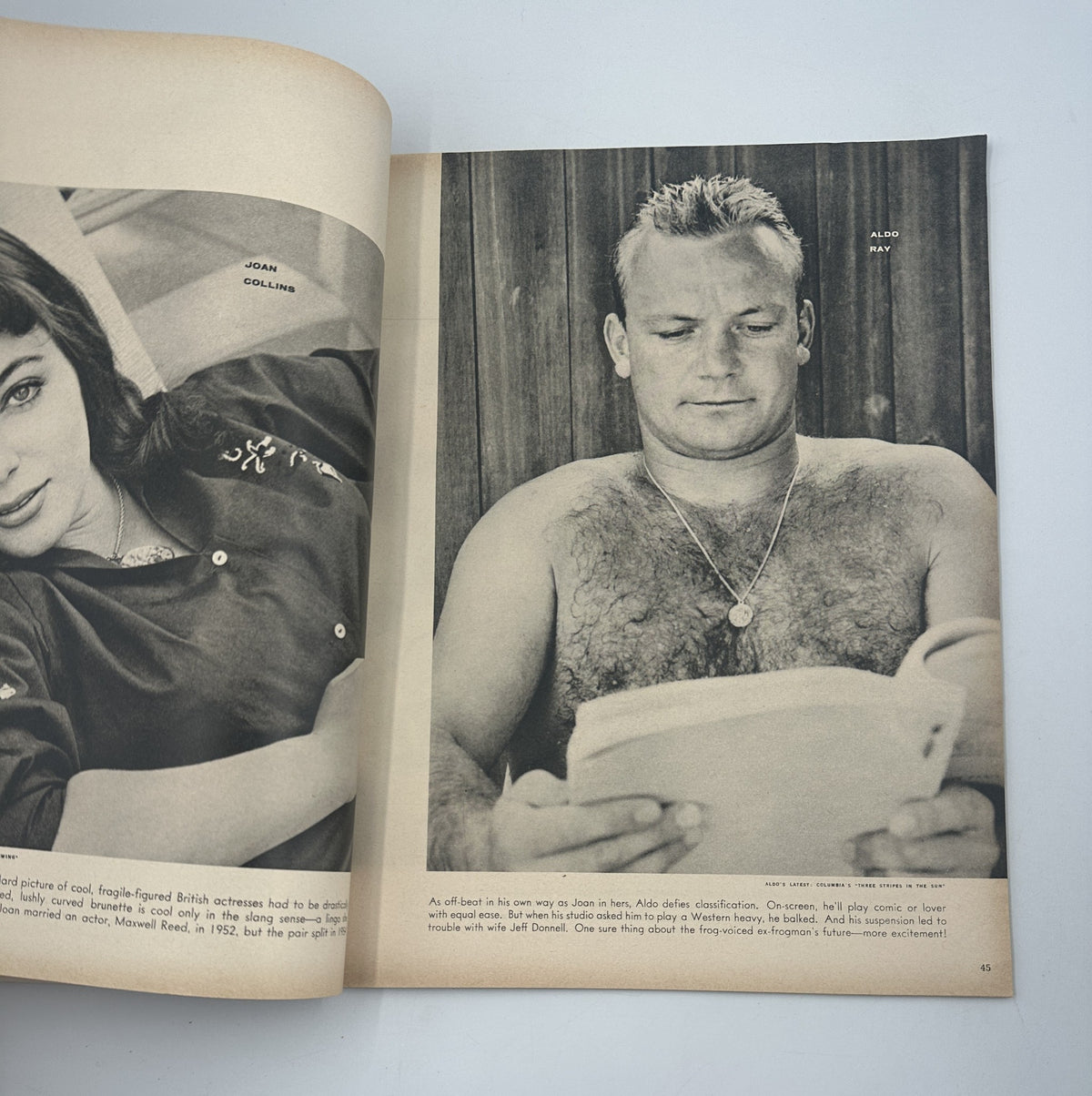 Page from the 1956 Photoplay Annual Magazine showcasing a portrait of Joan Collins and Aldo Ray, highlighting the glamour and stars of the era.