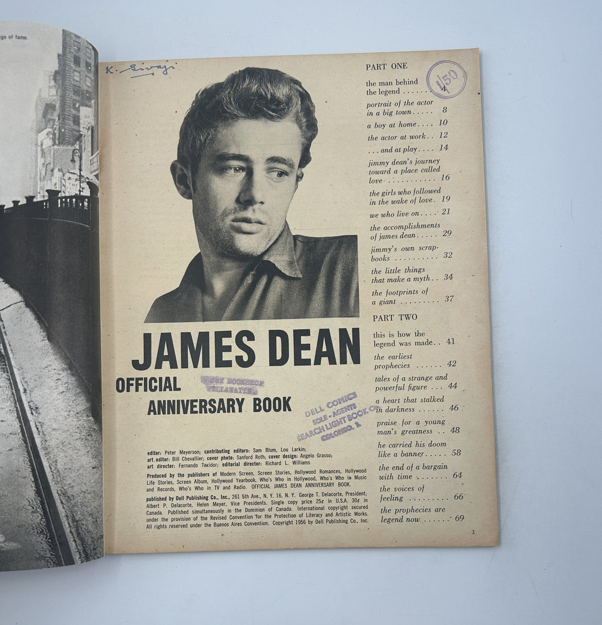 Interior page from the official James Dean Anniversary Book, featuring a section titled 'Part One' with a list of contents and a photographic portrait of James Dean.