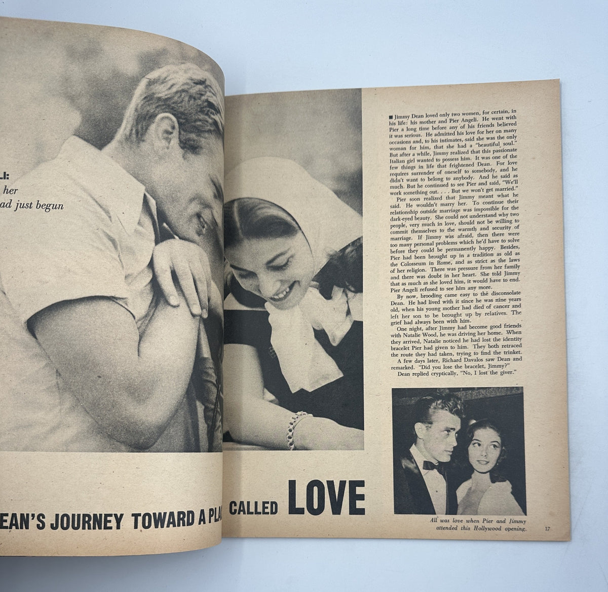 Interior page from the James Dean Anniversary Book highlighting a segment titled 'Jimmy Dean's journey toward a place called love,' accompanied by iconic images of James Dean.