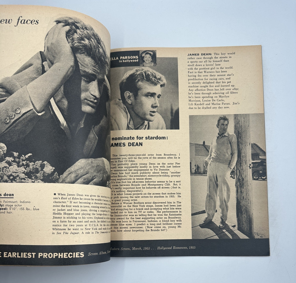 Interior page from the James Dean Anniversary Book discussing the earliest prophecies of James Dean's stardom, featuring photographs and text about his rise to fame.