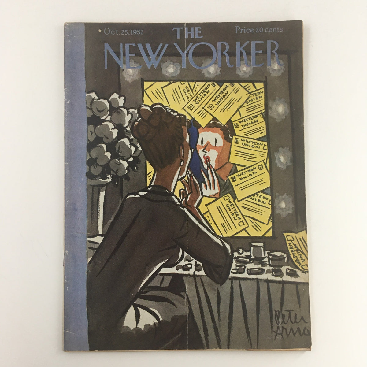 Cover of The New Yorker October 25 1952 Full Magazine by Peter Arno featuring a woman applying makeup in front of a mirror surrounded by Western Union telegrams, showcasing mid-20th-century American culture and artistic style.
