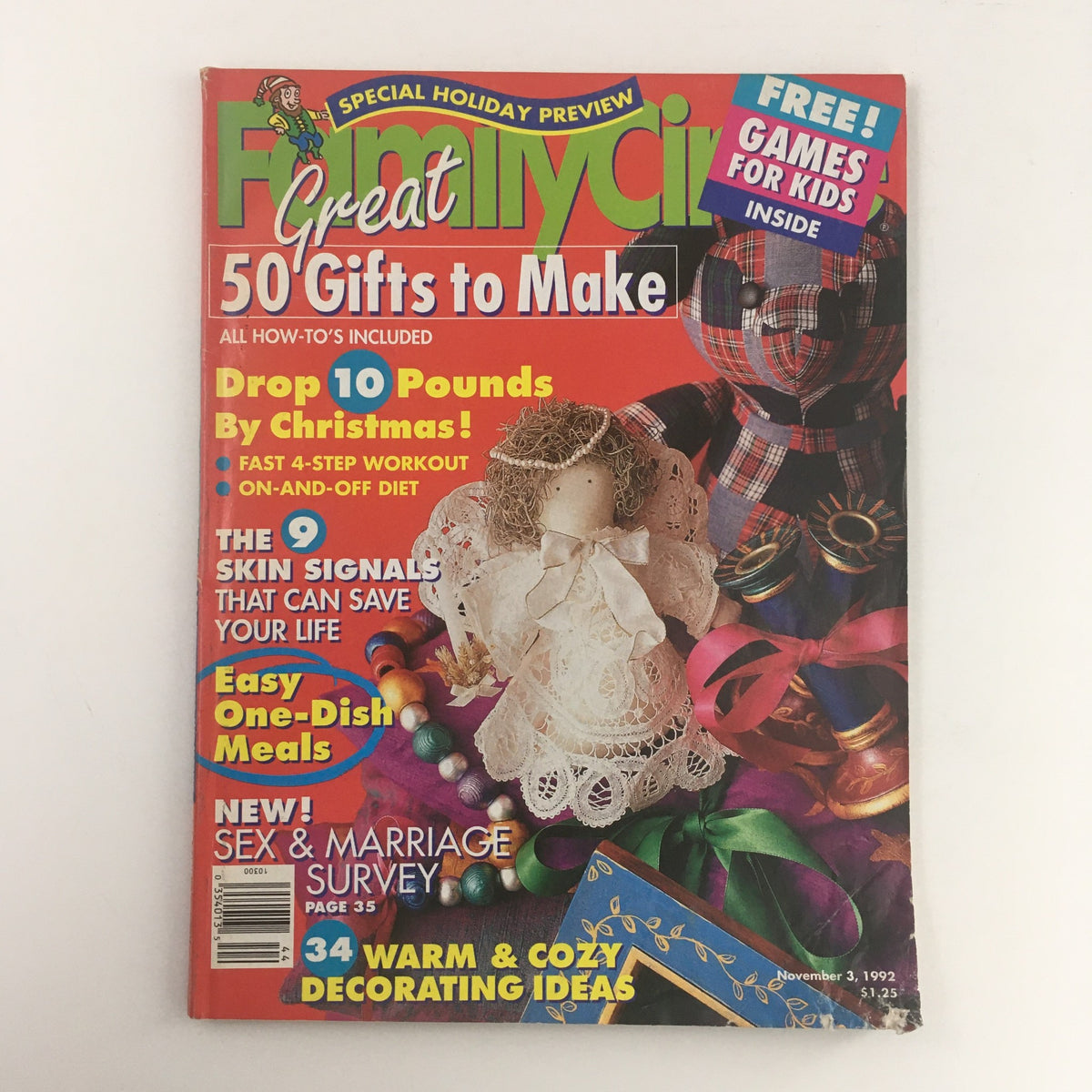 Family Circle Magazine November 3 1992 cover featuring a doll and colorful decorations, highlighting topics such as 'Skin Signals', 'Easy One-Dish Meals', and a special preview of holiday gifts.