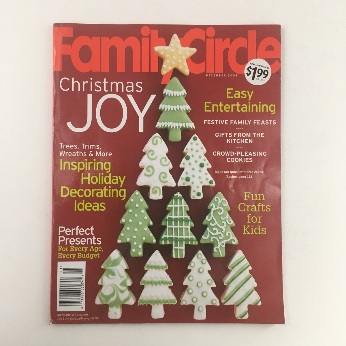 Family Circle Magazine December 2005 cover featuring Christmas-themed cookies arranged in the shape of Christmas trees, highlighting inspiring holiday decorating ideas for festive celebrations.