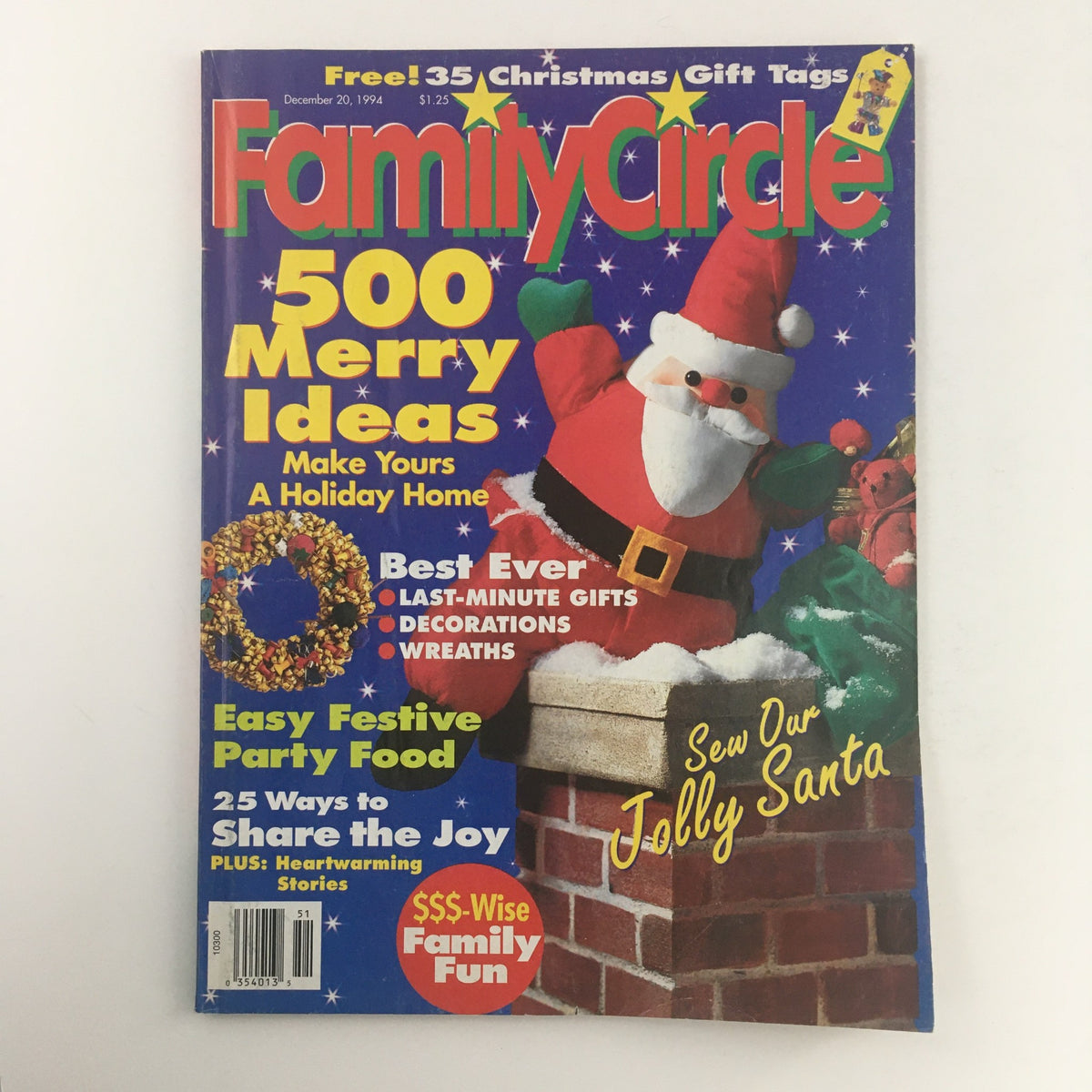 Cover of Family Circle Magazine December 20 1994 featuring festive themes with Santa Claus, showcasing 500 Merry Ideas, Easy Festive Party Food, and holiday decorations.