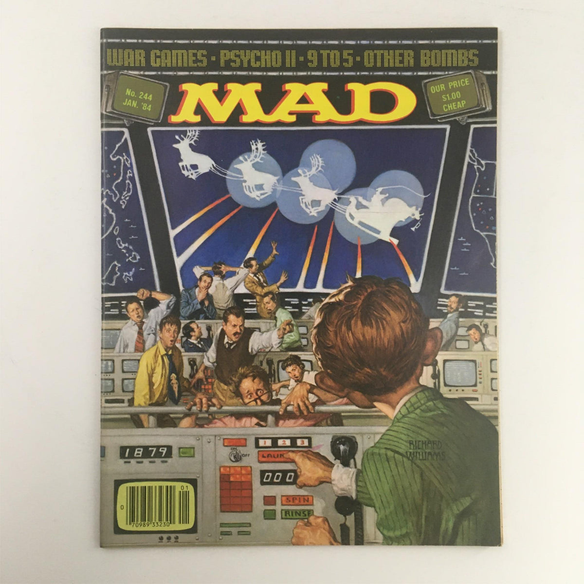 Cover of Mad Magazine January 1984 Featuring War Games Psycho No. 244. Illustrated with humorous scenes of chaos in a control room, showcasing vintage satire and pop culture references.