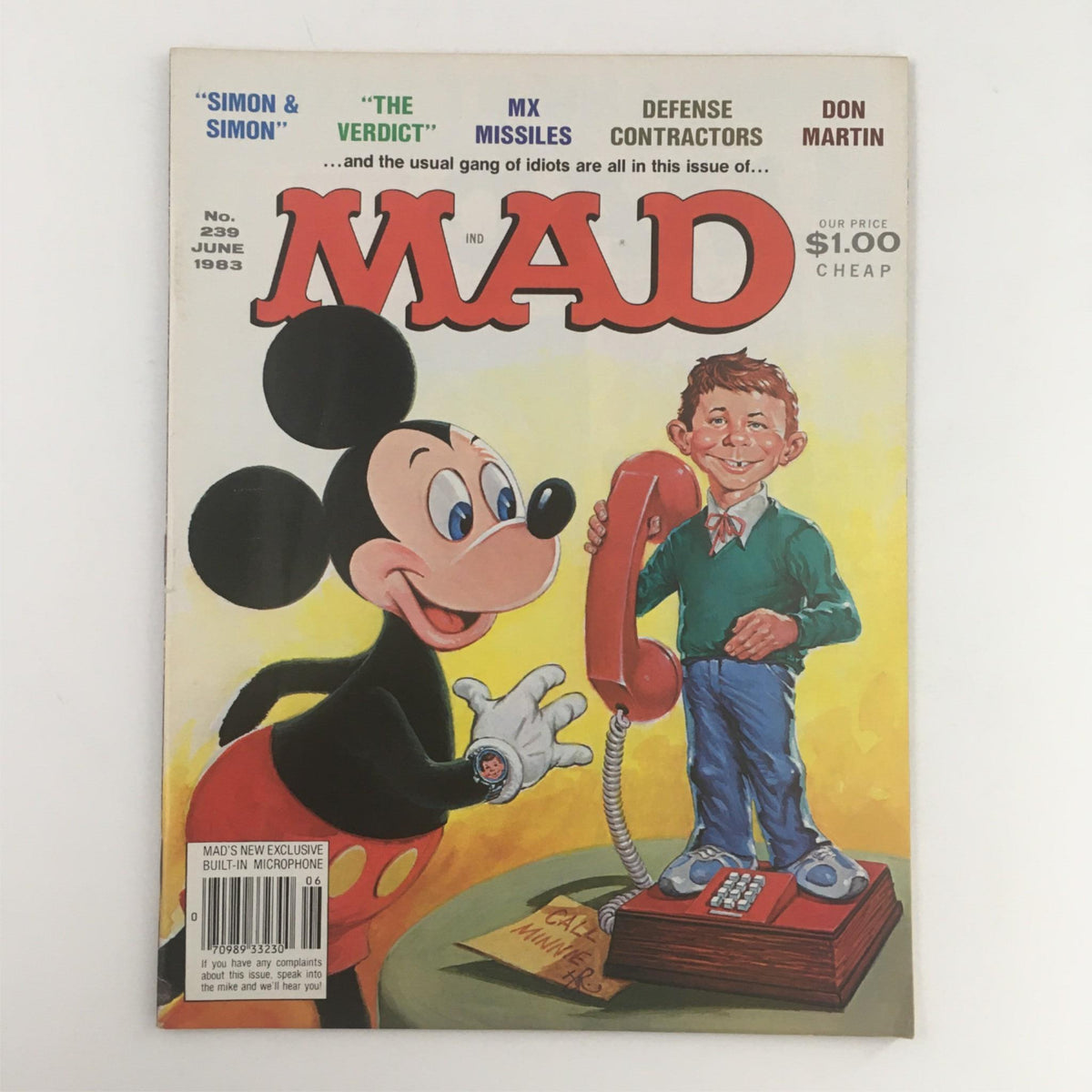 Mad Magazine June 1983 No. 239 cover featuring Mickey Mouse and a boy with a phone, showcasing the magazine's classic humor and vibrant artwork.