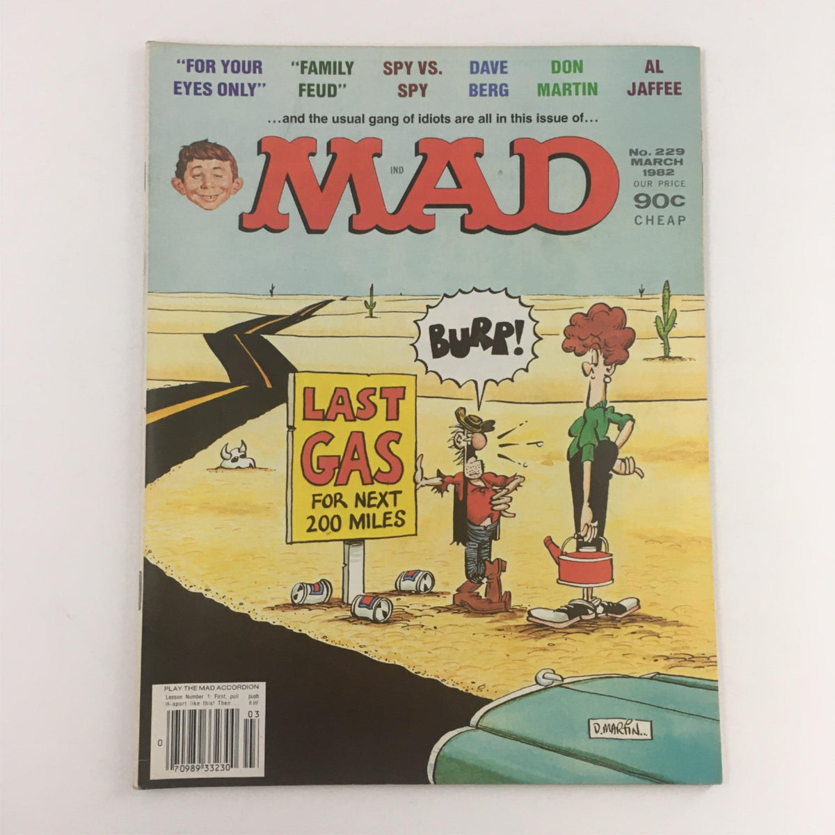 Cover of Mad Magazine March 1982 No. 229 featuring Family Feud, showcasing humorous cartoon characters and vibrant colors, with the text 'LAST GAS' on a roadside sign.