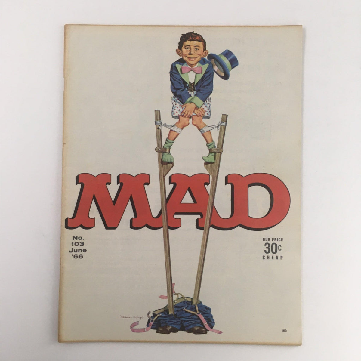 Cover of Mad Magazine June 1966 No. 103 featuring a humorous illustration of a character on stilts, embodying the magazine's playful spirit. This issue includes cultural commentary on Honey West TV.