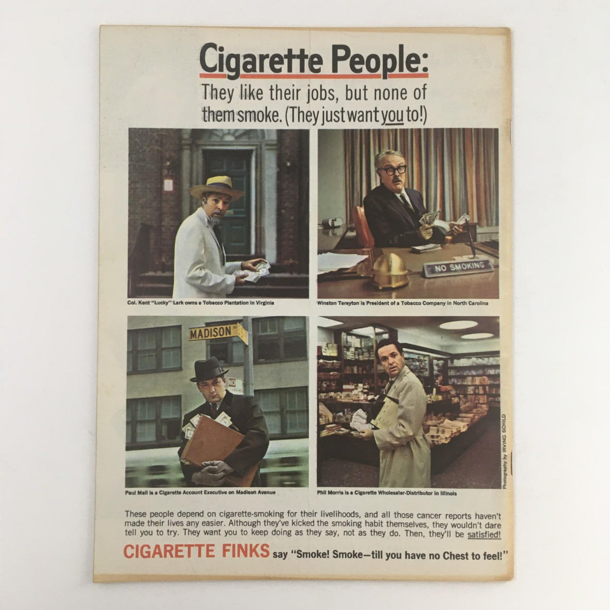 Back cover of Mad Magazine June 1966 No. 103 with an advertisement titled 'Cigarette People,' featuring images and text that illustrate the irony of tobacco industry professionals not smoking.
