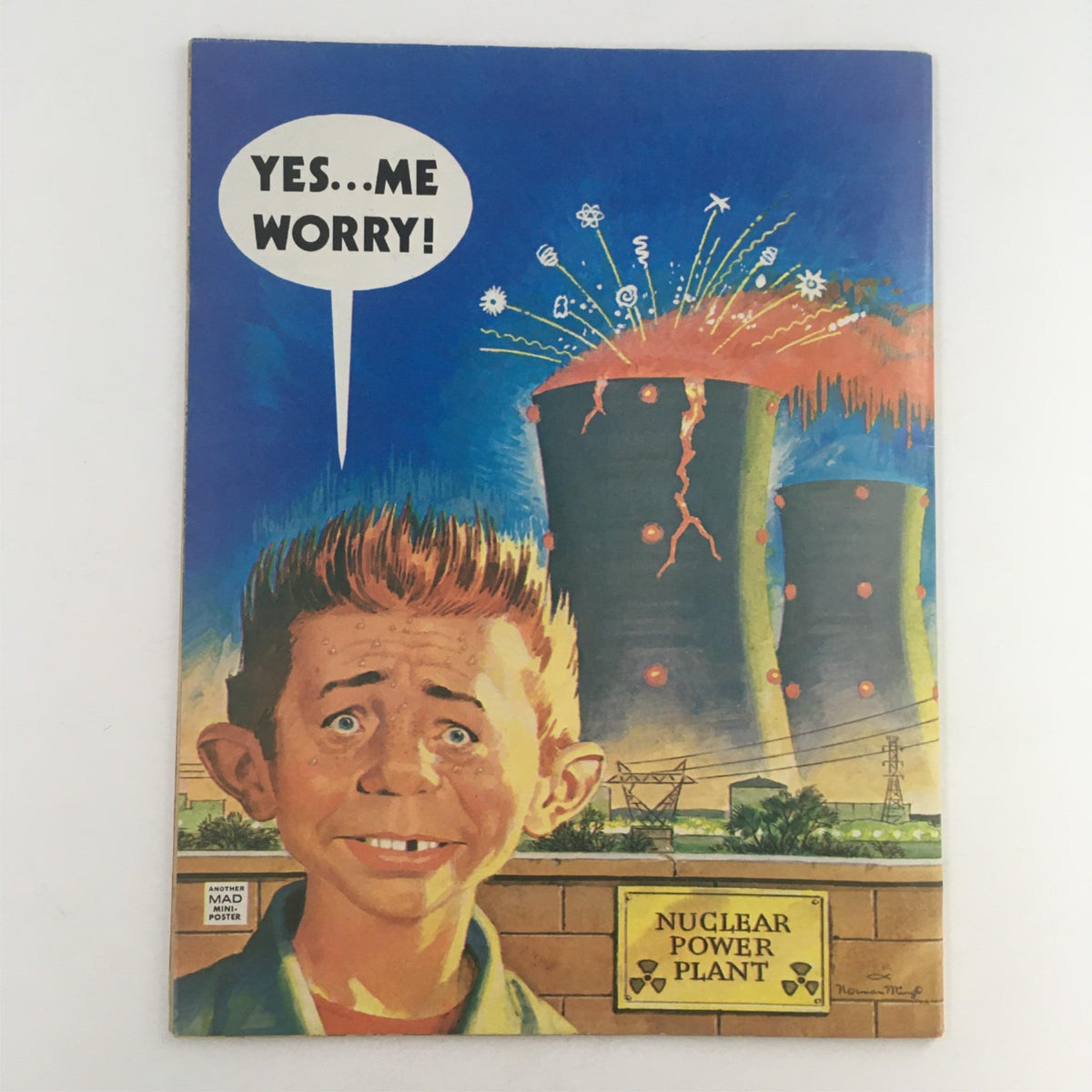 Mad Magazine October 1979 No. 210 back cover showcasing a worried character next to a nuclear power plant, reinforcing the comedic critique of contemporary issues.