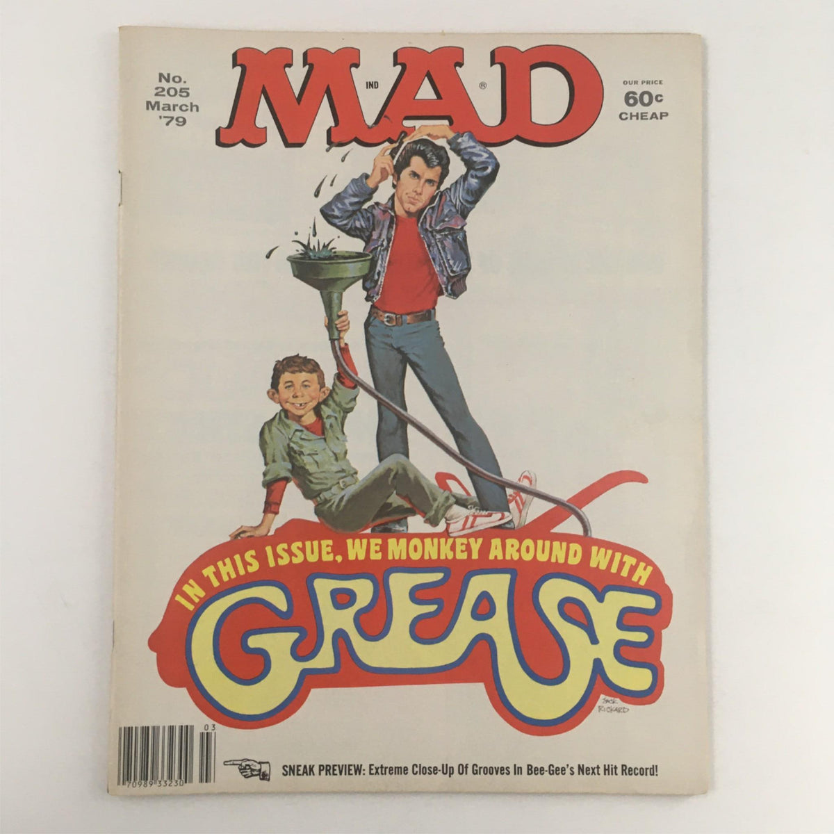 Cover of Mad Magazine March 1979 No. 205 featuring humorous illustration related to Grease.