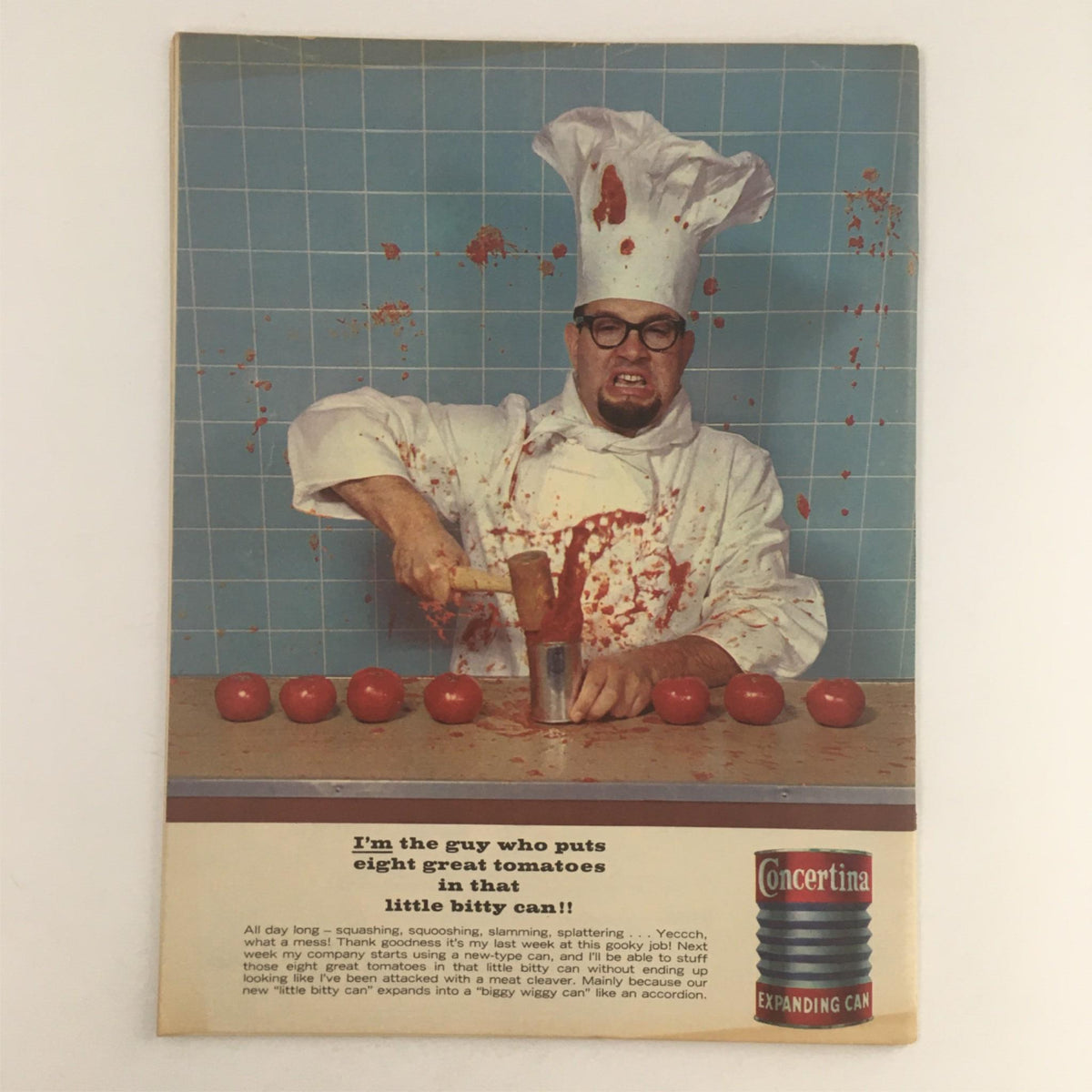 Back cover of Mad Magazine January 1964 No. 84 featuring a comedic chef creating chaos while processing tomatoes, exemplifying the magazine's signature satire and humor.