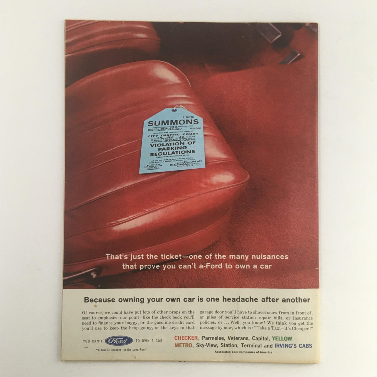 Back cover of Mad Magazine March 1963 No. 77 displaying a humorous advertisement related to parking violations, with a bright red background and a summons ticket detail.
