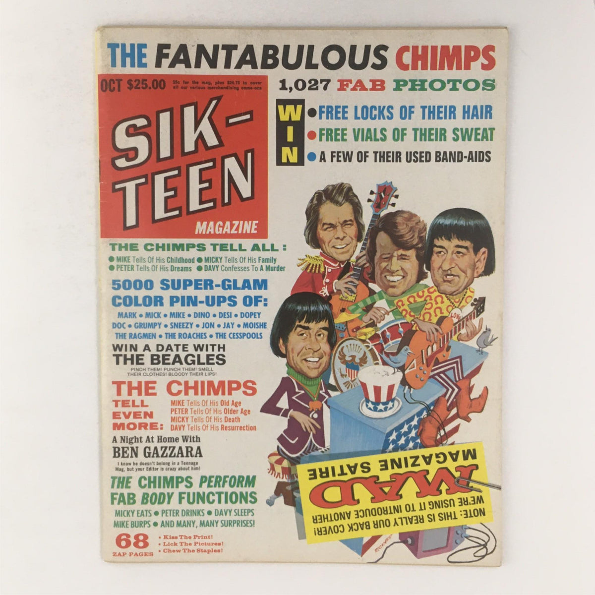 Cover of Sixteen Magazine featuring The Fantabulous Chimps with colorful graphics, headlines about exclusive content, and a nostalgic pop culture theme.