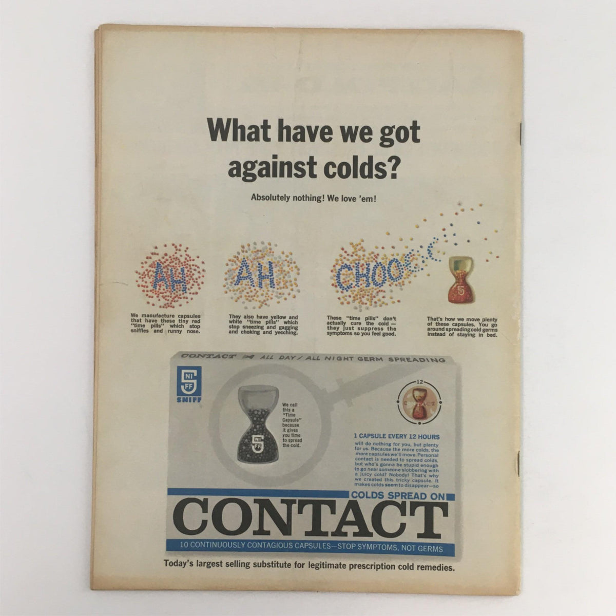 Back cover of Mad Magazine June 1964 No. 87 Special Spring Issue featuring humorous advertisement against colds, showcasing playful graphics and witty text.