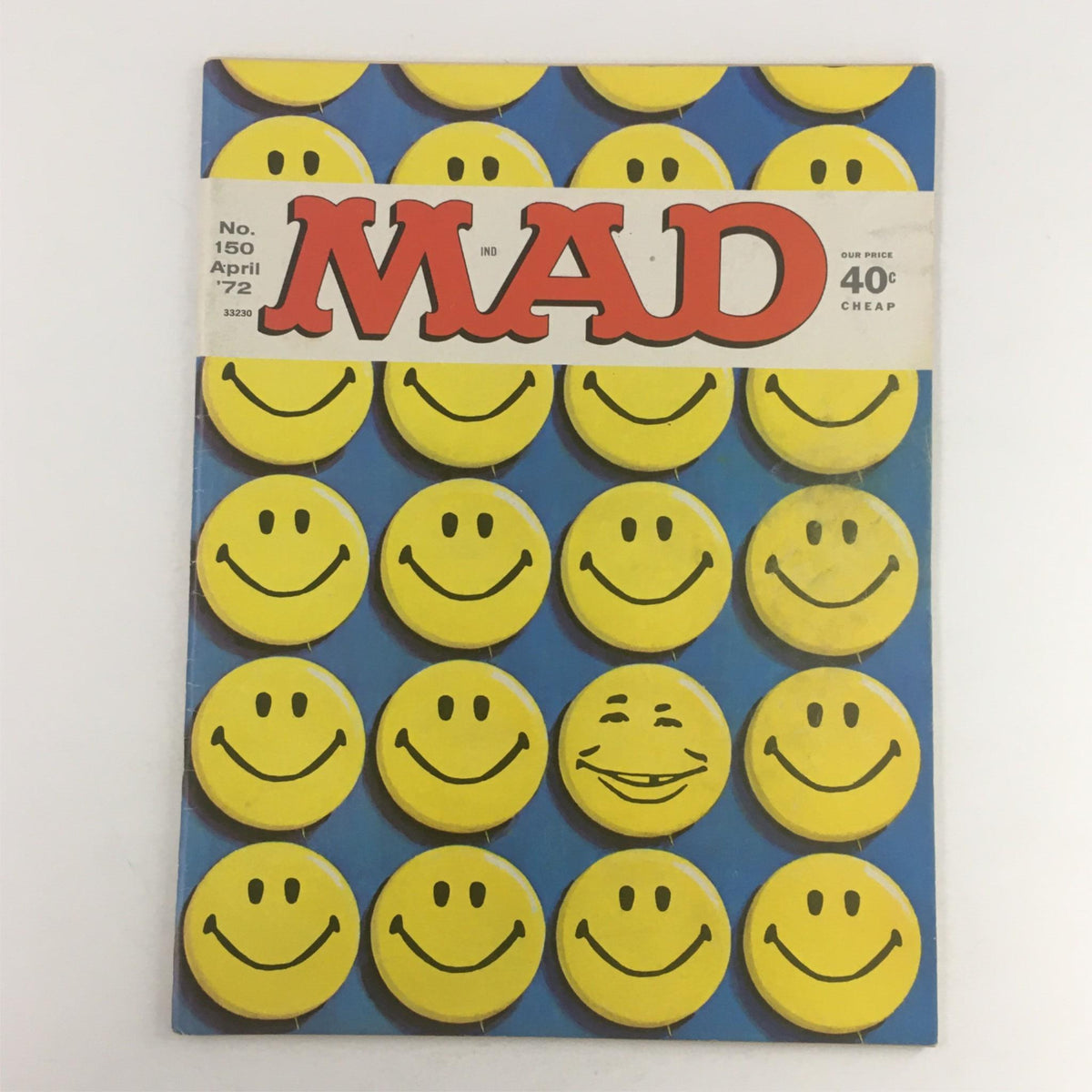 Mad Magazine April 1972 No. 150 featuring a cover design with multiple yellow smiley faces on a blue background. This vintage magazine is in Very Good condition and reflects the iconic humor of the 1970s.
