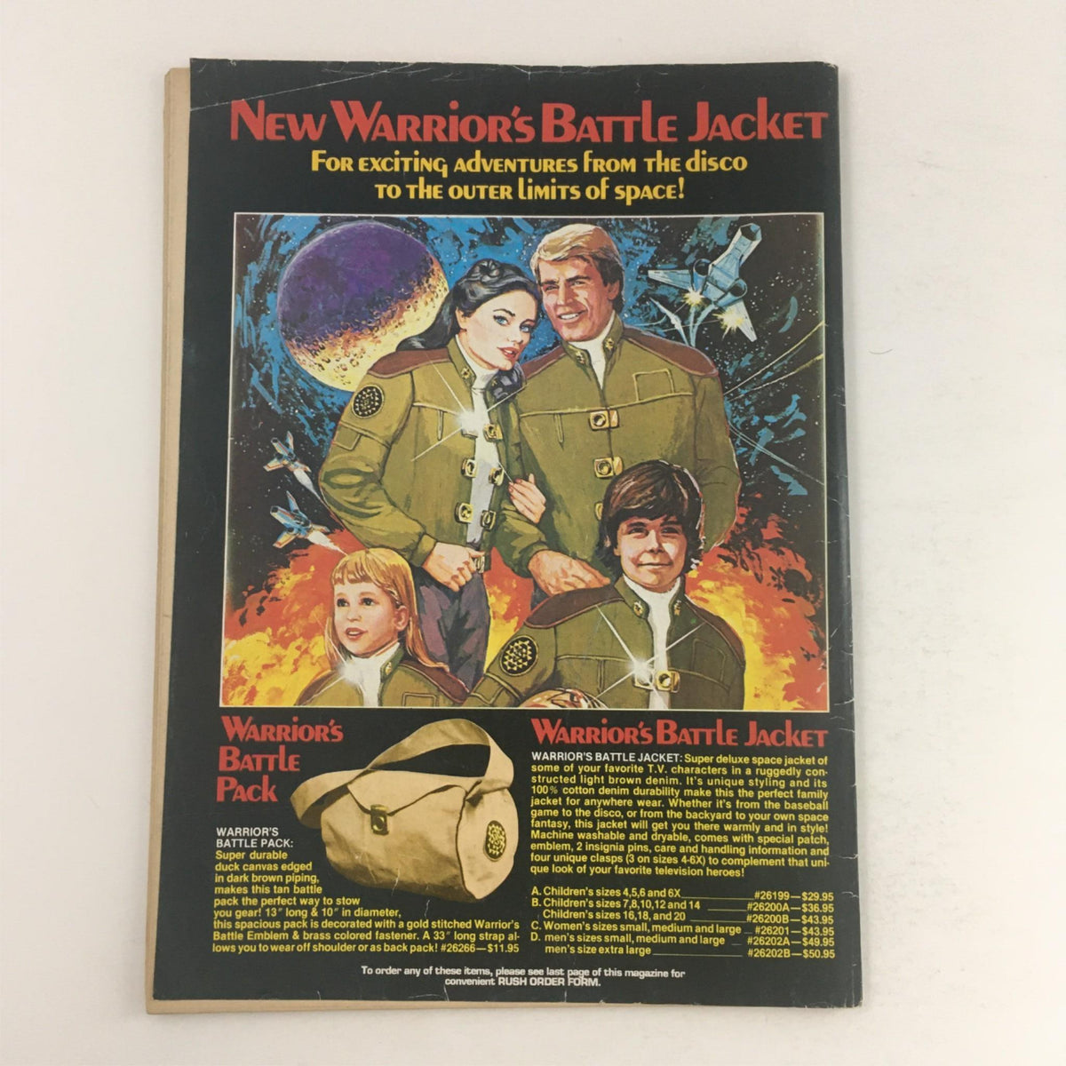 Back cover of Creepy Magazine August 1981 #130 featuring an advertisement for New Warrior's Battle Jacket with characters in space outfits, highlighting the adventurous theme of the era.