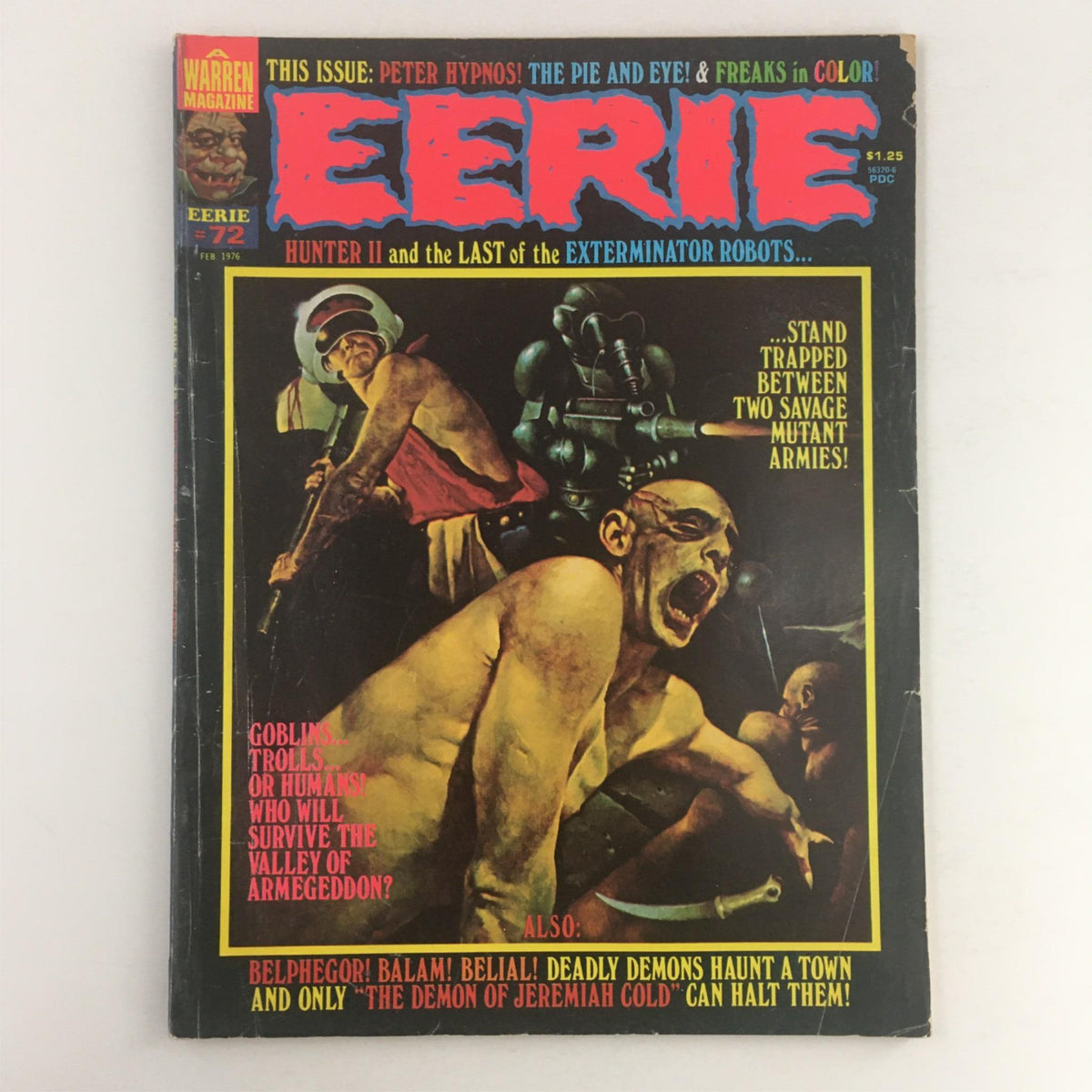 Front cover of Eerie Magazine February 1976 #72 Hunter II featuring vivid illustrations and text highlighting the horror theme.