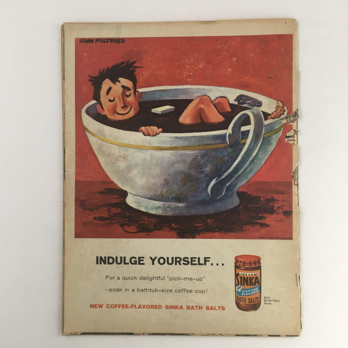 Back cover of Mad Magazine October 1960 No. 58 featuring an advertisement for coffee-flavored Sinka bath salts, accompanied by a cartoon character enjoying a bath.