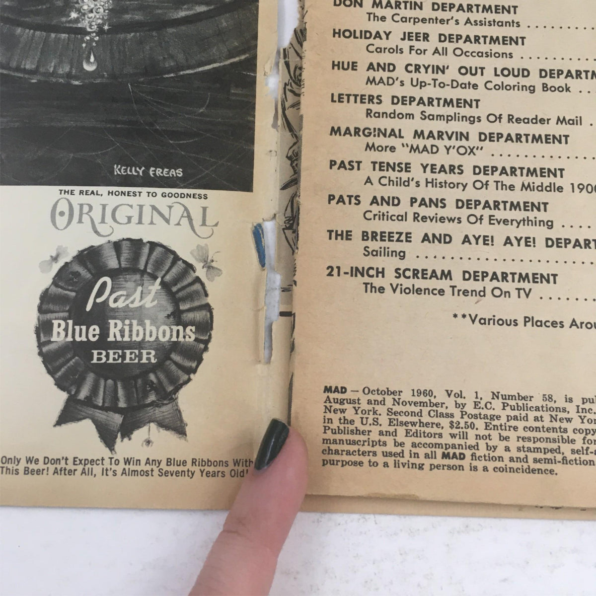 Interior page of Mad Magazine October 1960 No. 58 showing various department listings including humorous contents, illustrating the magazine's playful approach to satire.