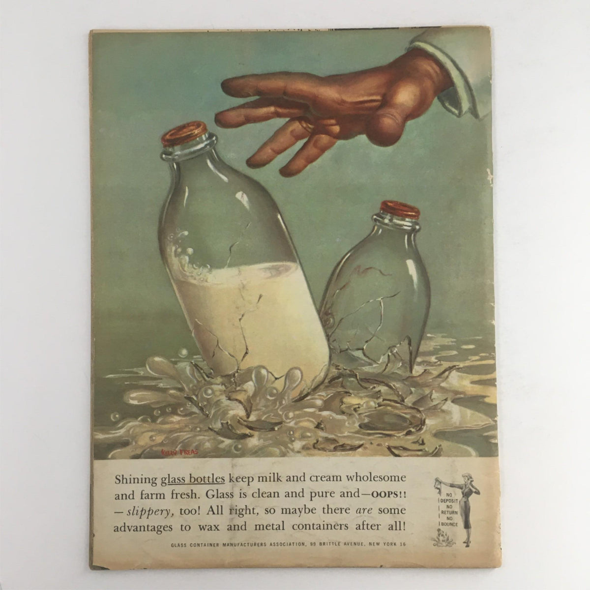 Back cover of Mad Magazine January 1962 No. 68, showcasing a vintage advertisement with two glass milk bottles, promoting the benefits of glass containers.