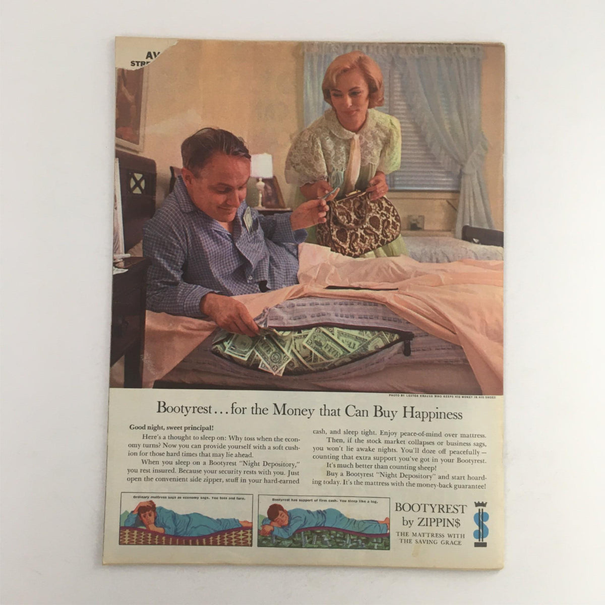 Image of a vintage advertisement from Mad Magazine December 1962 No. 75 Cutting Classes Issue, featuring a man in pajamas comfortably lying in bed while counting cash, with a woman nearby holding a handbag. The ad promotes 'Bootyrest' mattresses.