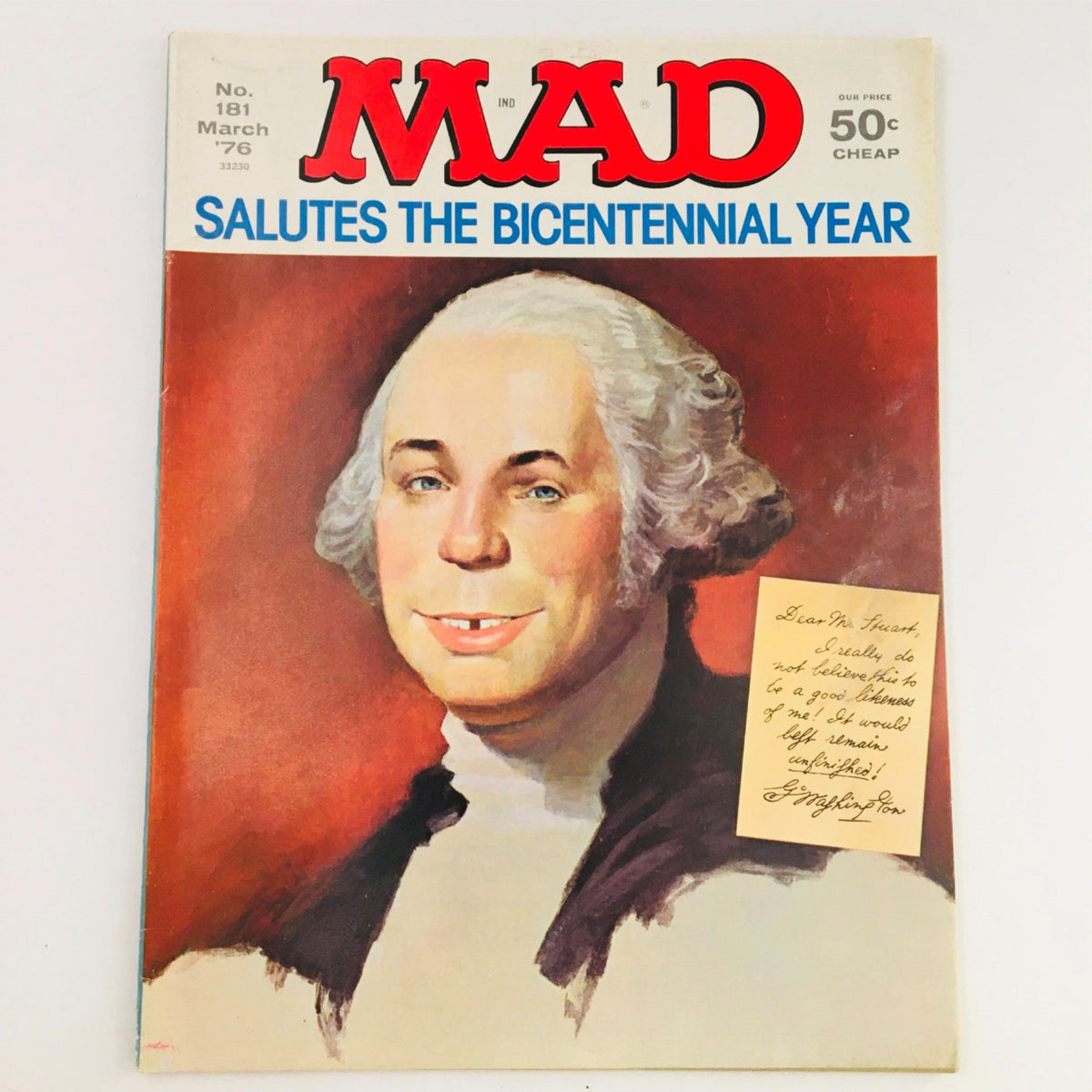 Mad Magazine March 1976 No. 181 Salutes The Bicentennial Year cover featuring a humorous illustration of George Washington with a note attached, showcasing the magazine's signature satire and vintage appeal.