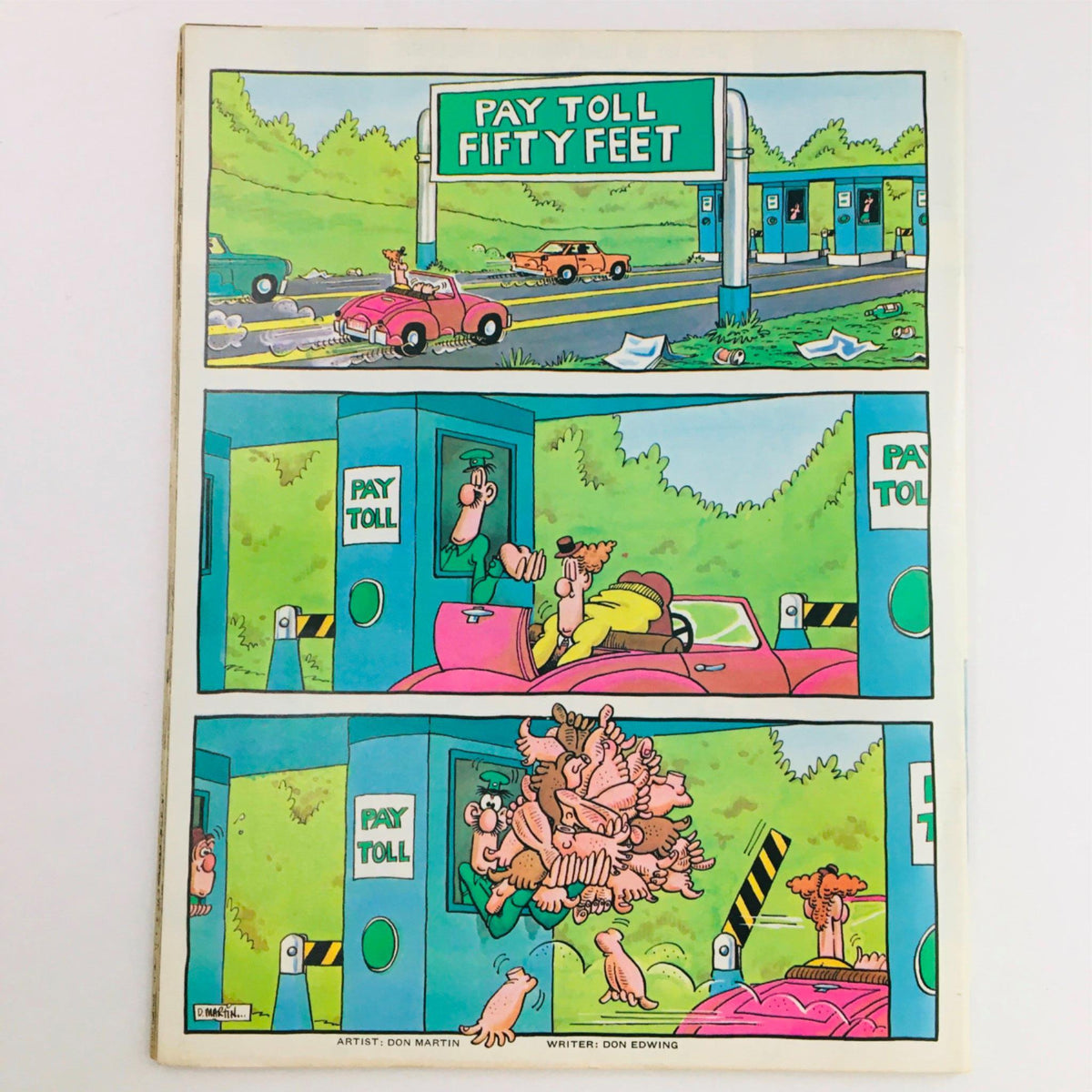 Illustration from Mad Magazine March 1980 No. 213 Moonraker, depicting a humorous comic strip about a toll booth, showcasing the signature style of cartoonists Don Martin and Don Edwing. This vintage magazine issue is graded Fine/FN 6.0, making it a collectible piece of pop culture history.