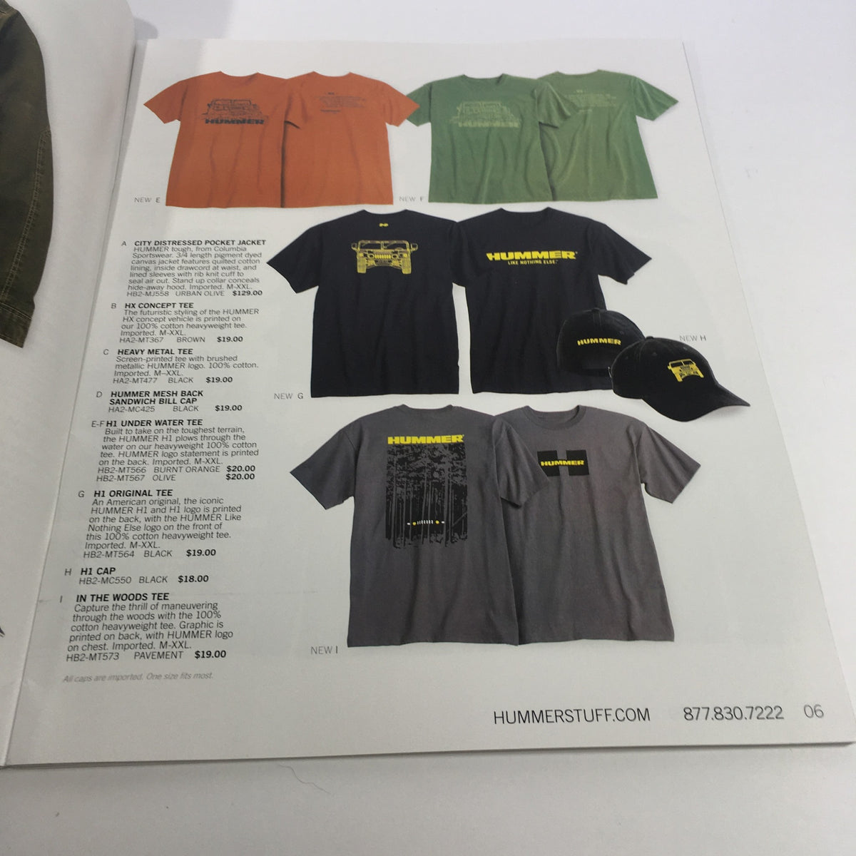 Interior page of the 2009 Hummer Apparel and Accessories Brochure Catalog displaying various Hummer t-shirts and hats for sale.