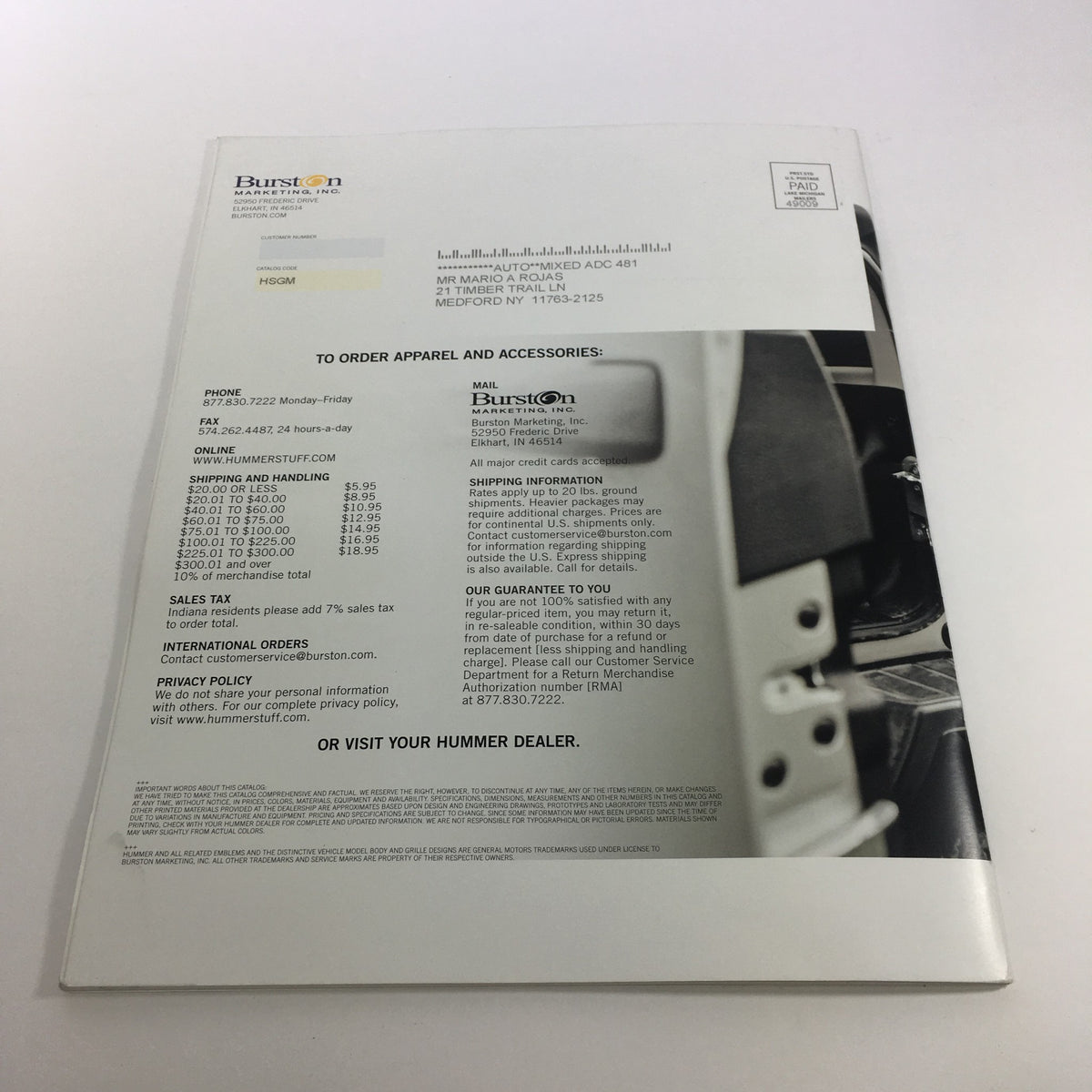 Back cover of the 2009 Hummer Apparel and Accessories Brochure Catalog showing ordering information and dealership details.