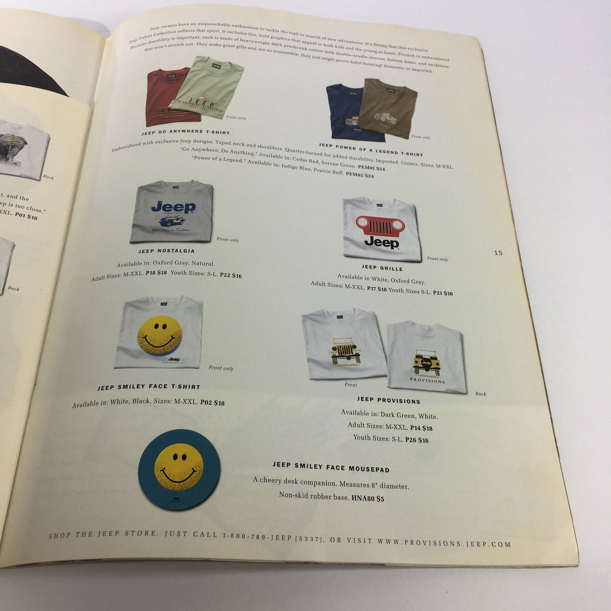 Page from the 2000 Jeep Provisions Classic Gear for Jeep Enthusiast brochure Catalog featuring various Jeep-themed t-shirts and merchandise. The layout includes descriptions and prices for Jeep Nostalgia and Jeep Smiley Face items.