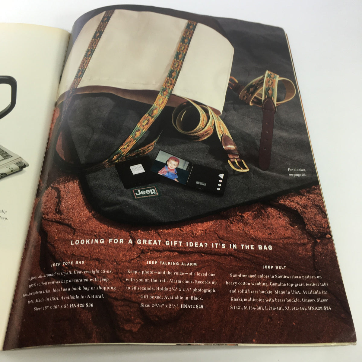 Page showcasing Jeep accessories such as a tote bag and belt from the 2000 Jeep Provisions Classic Gear for Jeep Enthusiast brochure Catalog. Highlights include product images and a description of features for gift ideas.