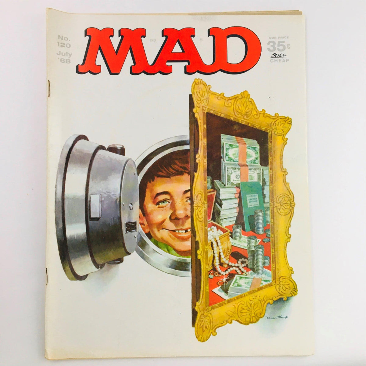 Mad Magazine July 1968 No. 120 Hidden Bank Vault cover featuring the iconic illustration of a smiling character peeking from a bank vault, surrounded by money and treasures, highlighting the magazine's vintage humor and artistic style.