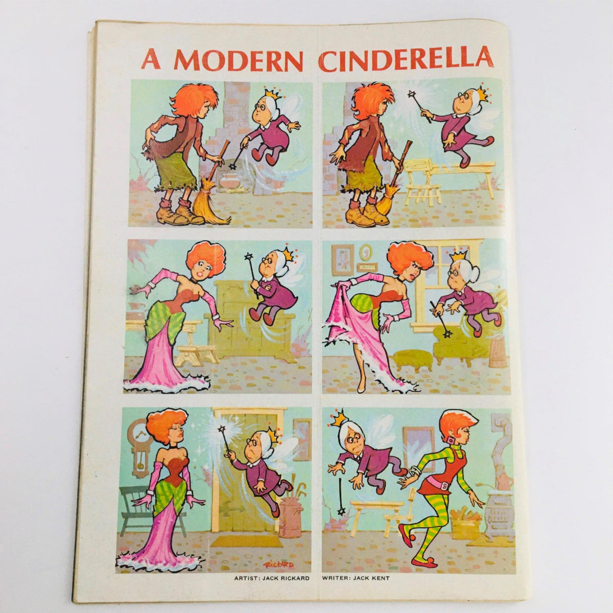 A Modern Cinderella comic panel from Mad Magazine, showcasing a playful and humorous take on the classic fairy tale, illustrated by Jack Rickard, featuring colorful characters in a whimsical setting.