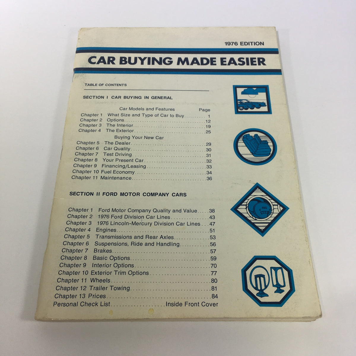 Cover of the 1976 Ford Motor Company Car Buying Made Easier Catalog, featuring a table of contents outlining sections on car buying and Ford Motor Company cars, illustrating essential guidelines for prospective buyers.